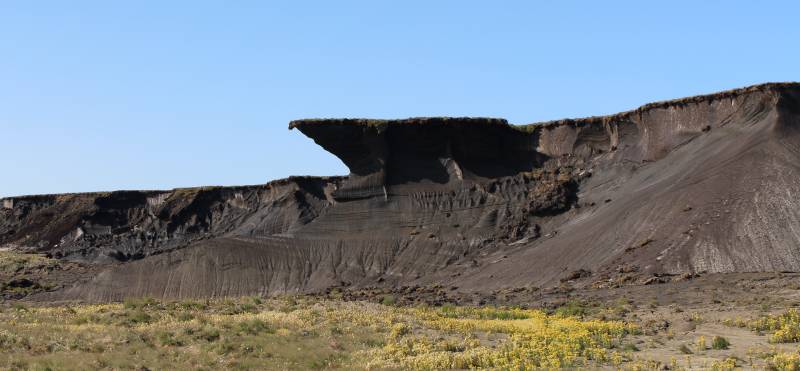 In this huge thaw slump at the southeast coast of Herschel Island, a large amount of buried ground ice is exposed to the elements. 4 1 Slump D small