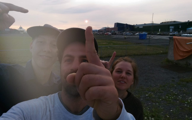 Exactly 12:00 midnight, Justus, Samuel, and Jade enjoying the midnight sun. ©Samuel Stettner Picture3 S.Stettner