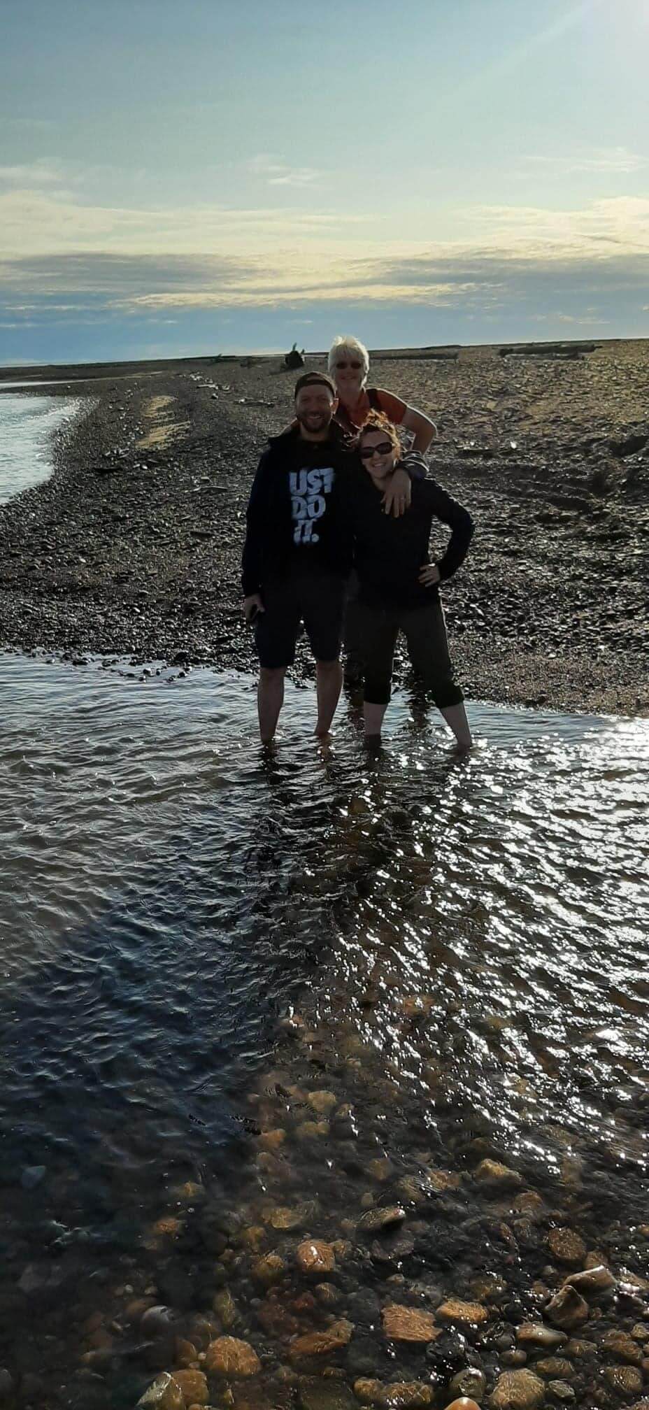 Guislain Bécu, Édouard Leymarie and Joannie Ferland testing the Arctic Ocean shoreline after an intense science program. ©Joannie Ferland Takuvik2019 Picture10 10