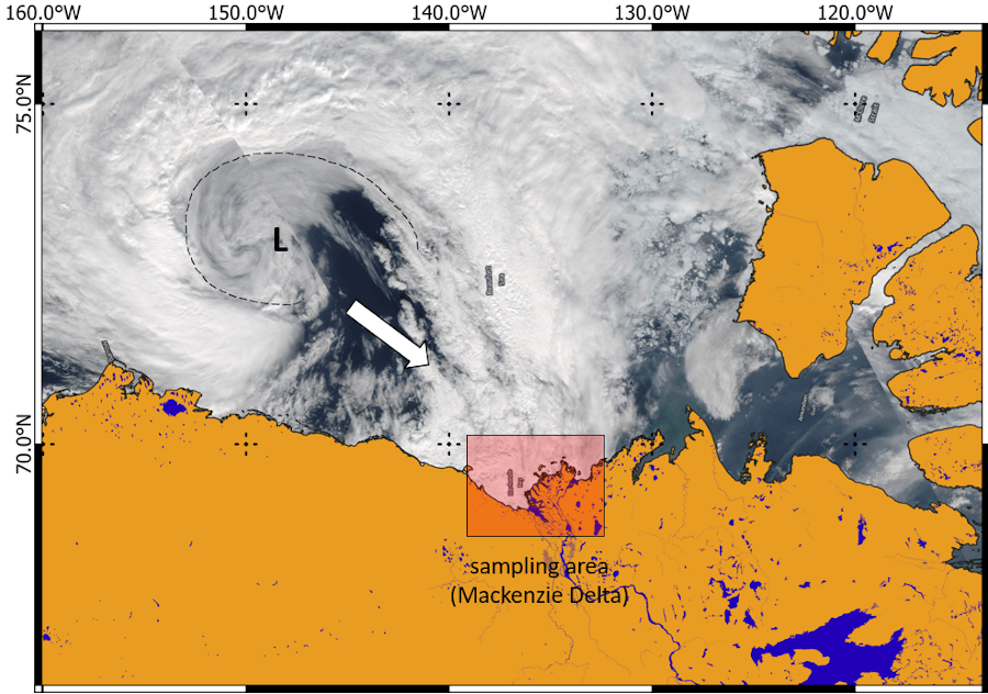 Coming storm view from true MODIS Corrected Reflectance imagery the day before sampling, August 1, 2019 (https://worldview.earthdata.nasa.gov, edited by Bennet Juhls) Takuvik2019 Picture10 2
