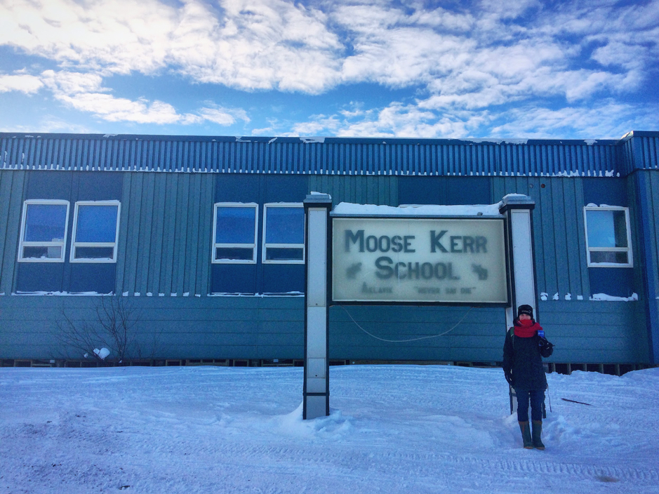 The Takukik team members quickly stop at the Moose Kerr School in Aklavik, Northwest Territories, Canada, February 25, 2019. On this photo, Marie-Hélène Forget. ©Martine Lizotte Takuvik2019 Picture2 14