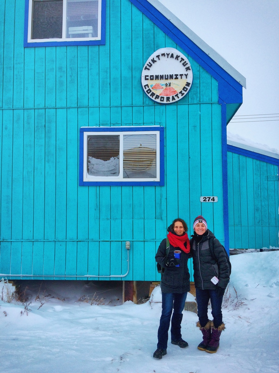 Marie-Hélène Forget and Gwénaëlle Chaillou in front of the Tuktoyaktuk Community Corporation building moments before a meeting with Shaun Cormier and Kendyce Cockney, in Tuktoyaktuk, Northwest Territories, Canada, February 20, 2019. ©Martine Lizotte Takuvik2019 Picture2 6