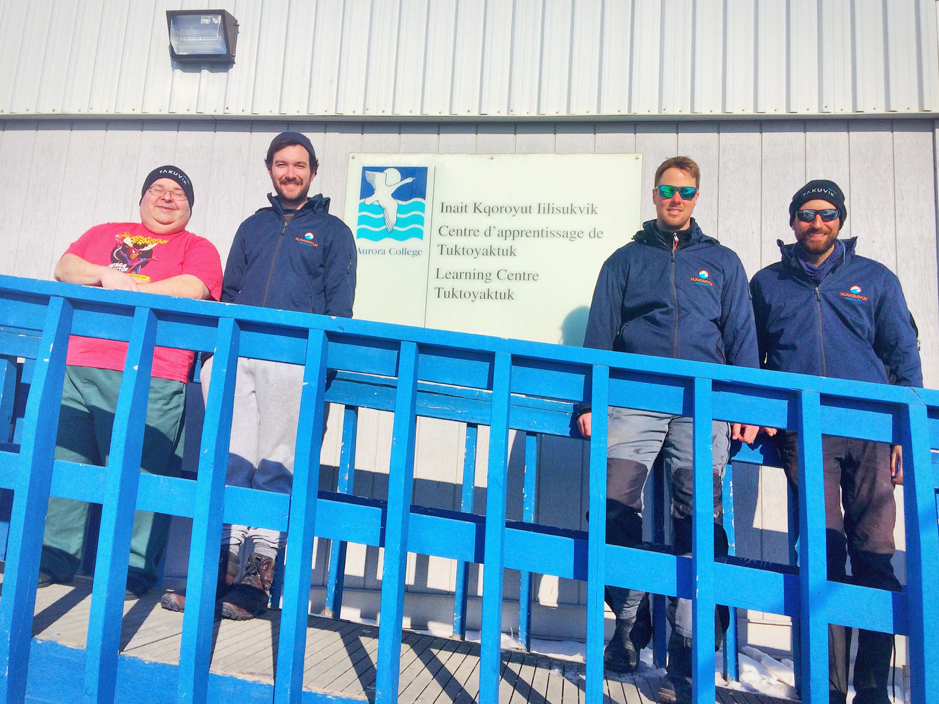George Hibbs (Community Adult Educator, Aurora College), Thomas Bossé-Demers, Bennet Juhls and Laurent Oziel in front of the Tuktoyaktuk Learning Center, April 29, 2019, Tuktoyaktuk, Northwest Territories. ©Martine Lizotte. Takuvik2019 Picture5 10 web