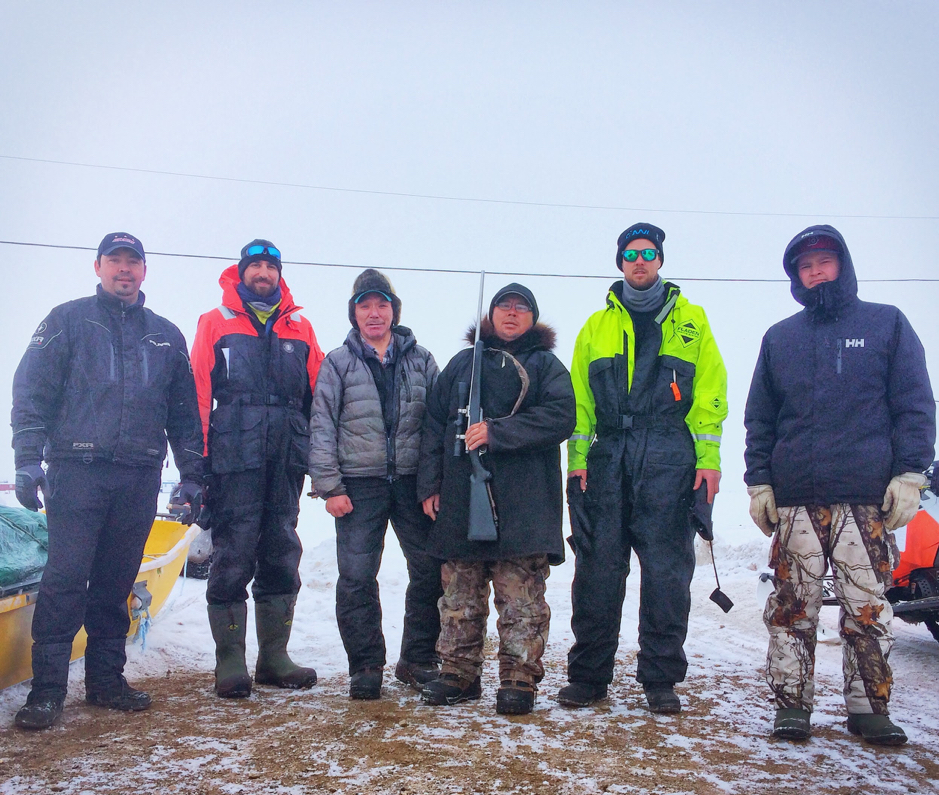 Erwin Elias (owner of Elias Services), Laurent Oziel, Raymond Ettagiak (field worker), Sammy Gruben Jr. (wildlife monitor), Bennet Juhls, Dawson Elias (son of Erwin Elias) before part of the group heads out in the Eastern Sector of the Mackenzie Delta, Tuktoyaktuk, Northwest Territories, April 27, 2019. ©Martine Lizotte. Takuvik2019 Picture5 11 web