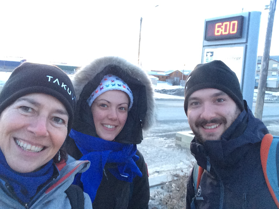 The lab team after a long night of analyses at Aurora Research Institute snap a picture of their end-of-day morning time stamp. From left to right: Caroline Guilmette, Marine Béguin, Thomas Bossé-Demers, in Inuvik, Northwest Territories, April 26, 2019. ©Caroline Guilmette. Takuvik2019 Picture5 6 web