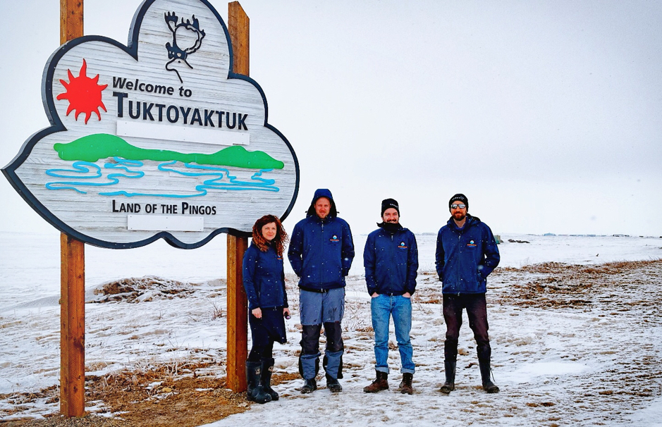 Martine Lizotte (Chief scientist for WP4 expedition 1), Bennet Juhls, Thomas Bossé-Demers, and Laurent Oziel arrive in Tuktoyaktuk, Northwest Territories, April 26, 2019. ©Laurent Oziel. Takuvik2019 Picture5 9 web