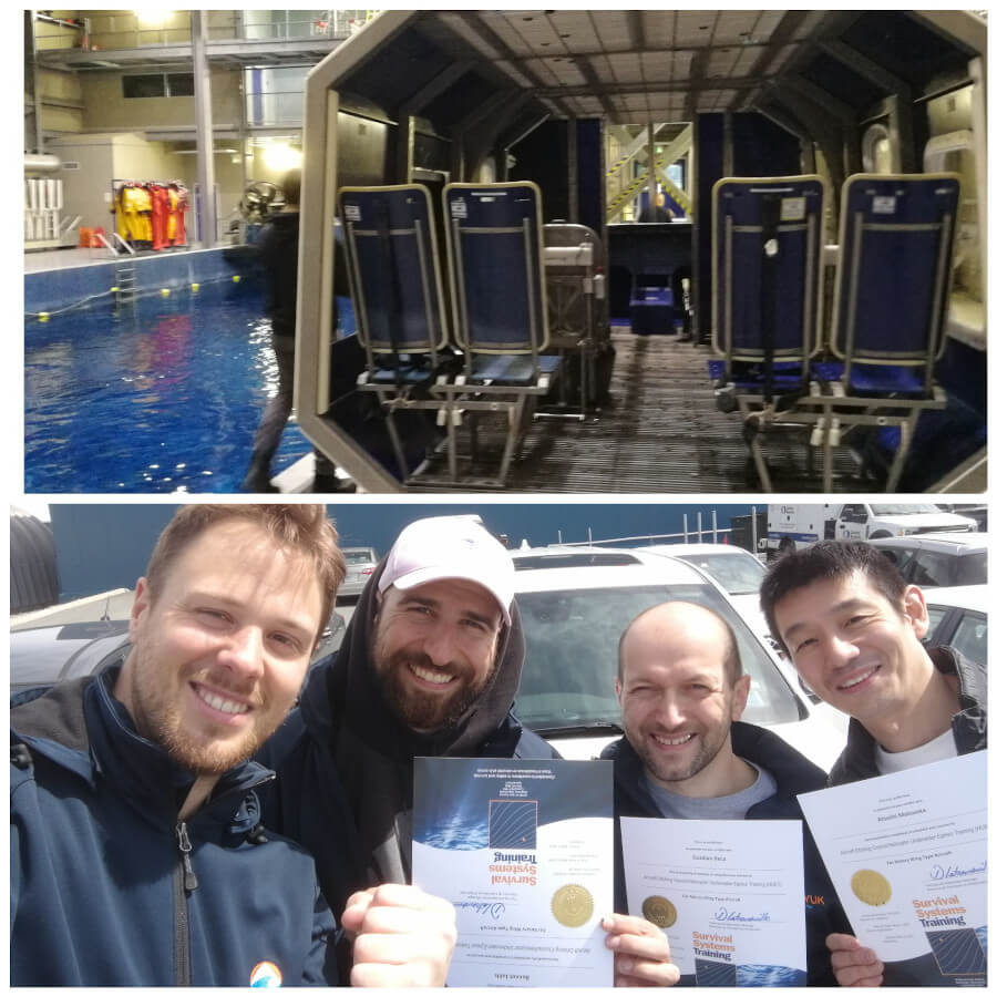 "Survival Systems Training Limited” facility of the ditching course, Halifax (above) and certificates after the course (bottom). On photo (from left to right): Bennet Juhls, Laurent Oziel, Guislain Bécu & Atsushi Matsuoka. © Bennet Juhls Takuvik2019 Picture6 1