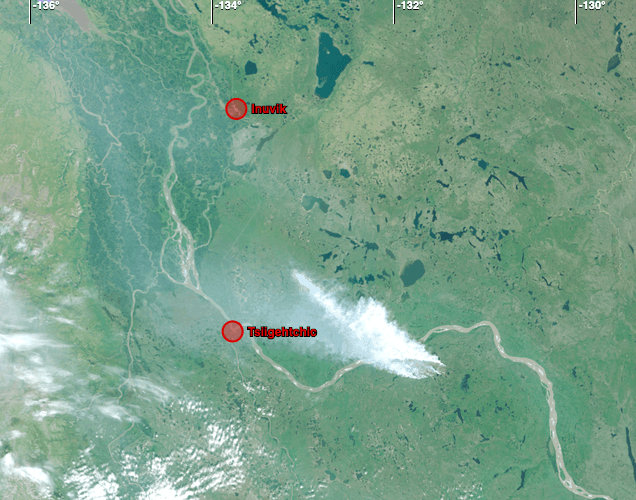 uly 27th 2019 Sentinel-3 image of the Northwest Territories showing a large forest fire south-east of Inuvik. Takuvik2019 Picture8 3