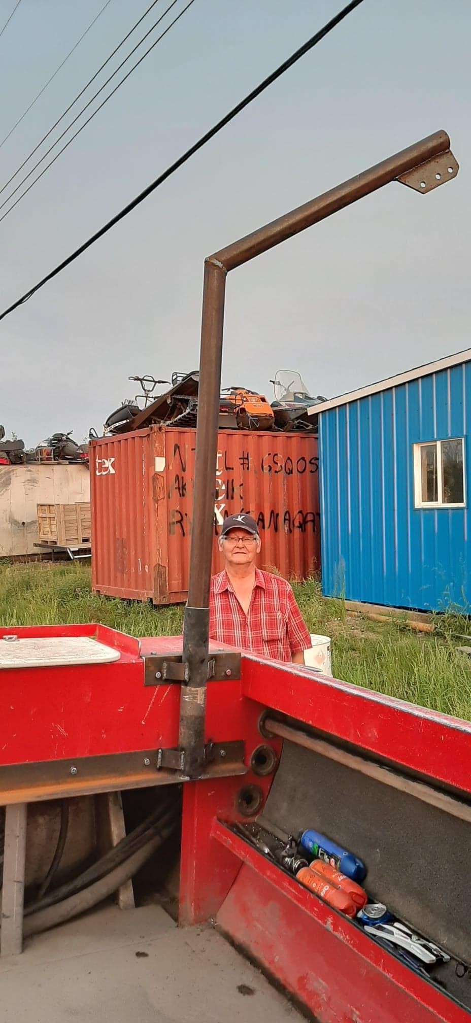 Billy Storr, in Aklavik, who made a new A-frame for the deployment of the optical sensors during the Nunataryuk-Coastal water program in the Western Sector of the MacKenzie Delta (July 24, 2019). ©Joannie Ferland. Takuvik2019 Picture9 3